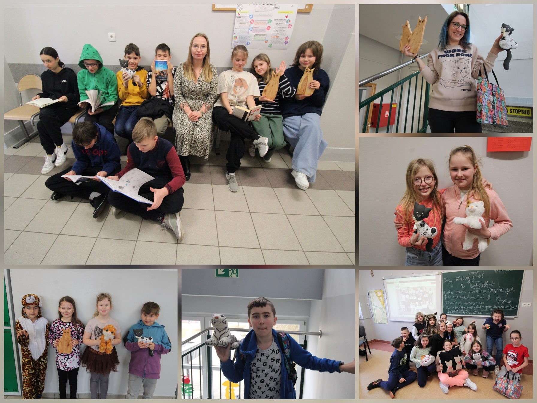 Zdjęcie przedstawia uczniów i uczennice oraz pracowniczki naszej szkoły w czasie różnych aktywności związanych z obchodami Światowego Dnia Kota.