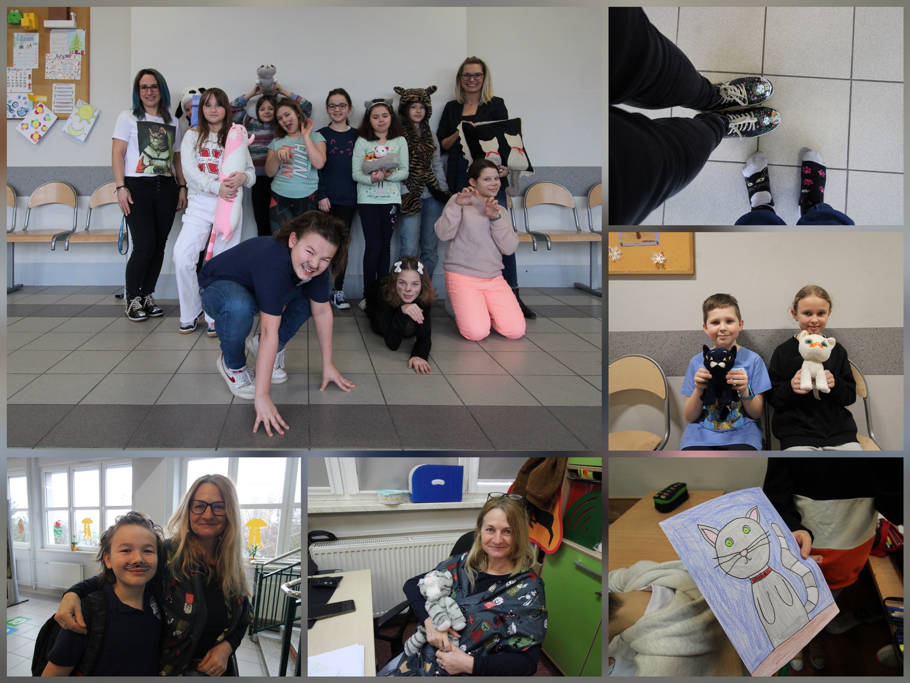 Zdjęcie przedstawia uczniów i uczennice oraz pracowniczki naszej szkoły w czasie różnych aktywności związanych z obchodami Światowego Dnia Kota.