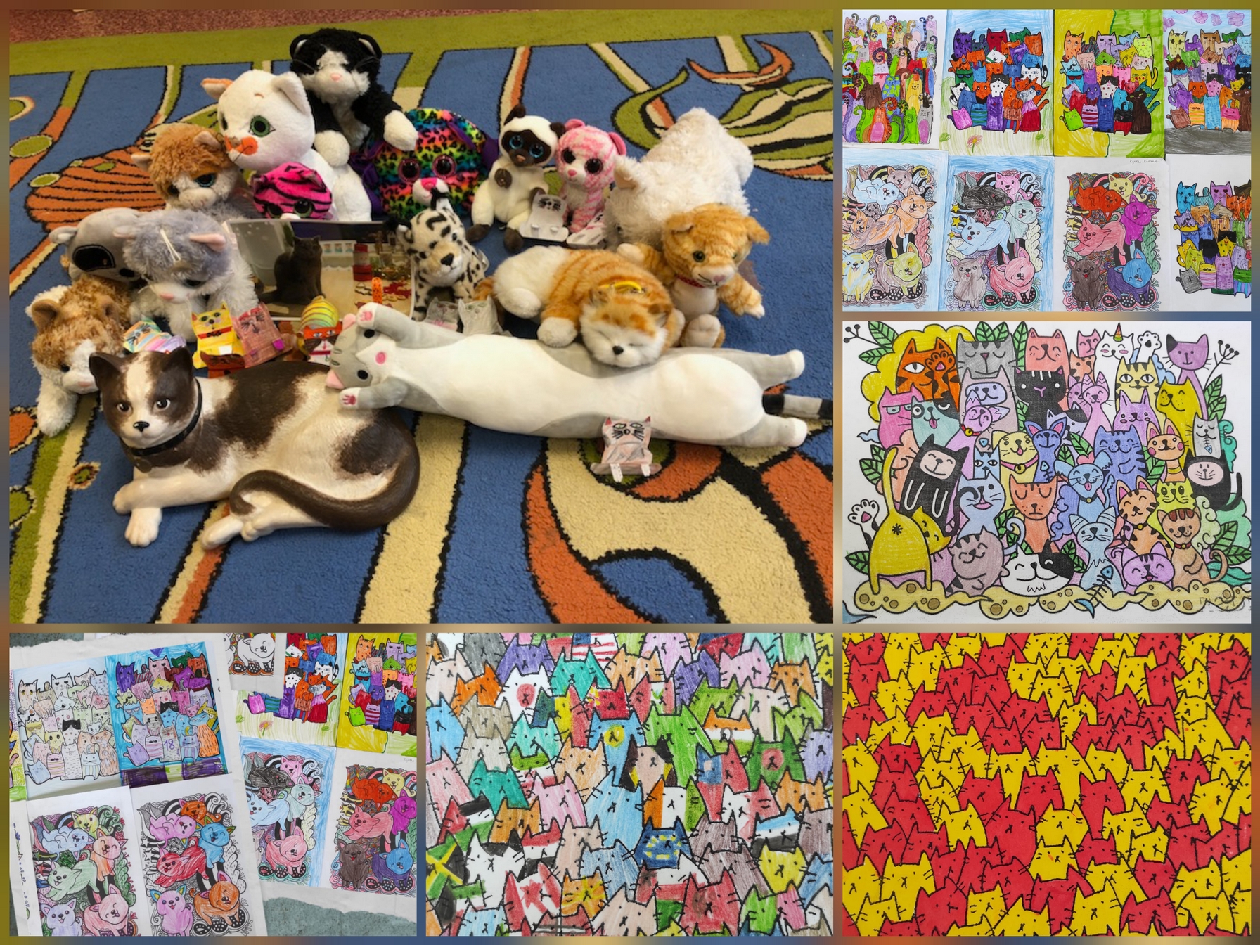 Zdjęcie przedstawia uczniów i uczennice oraz pracowniczki naszej szkoły w czasie różnych aktywności związanych z obchodami Światowego Dnia Kota.