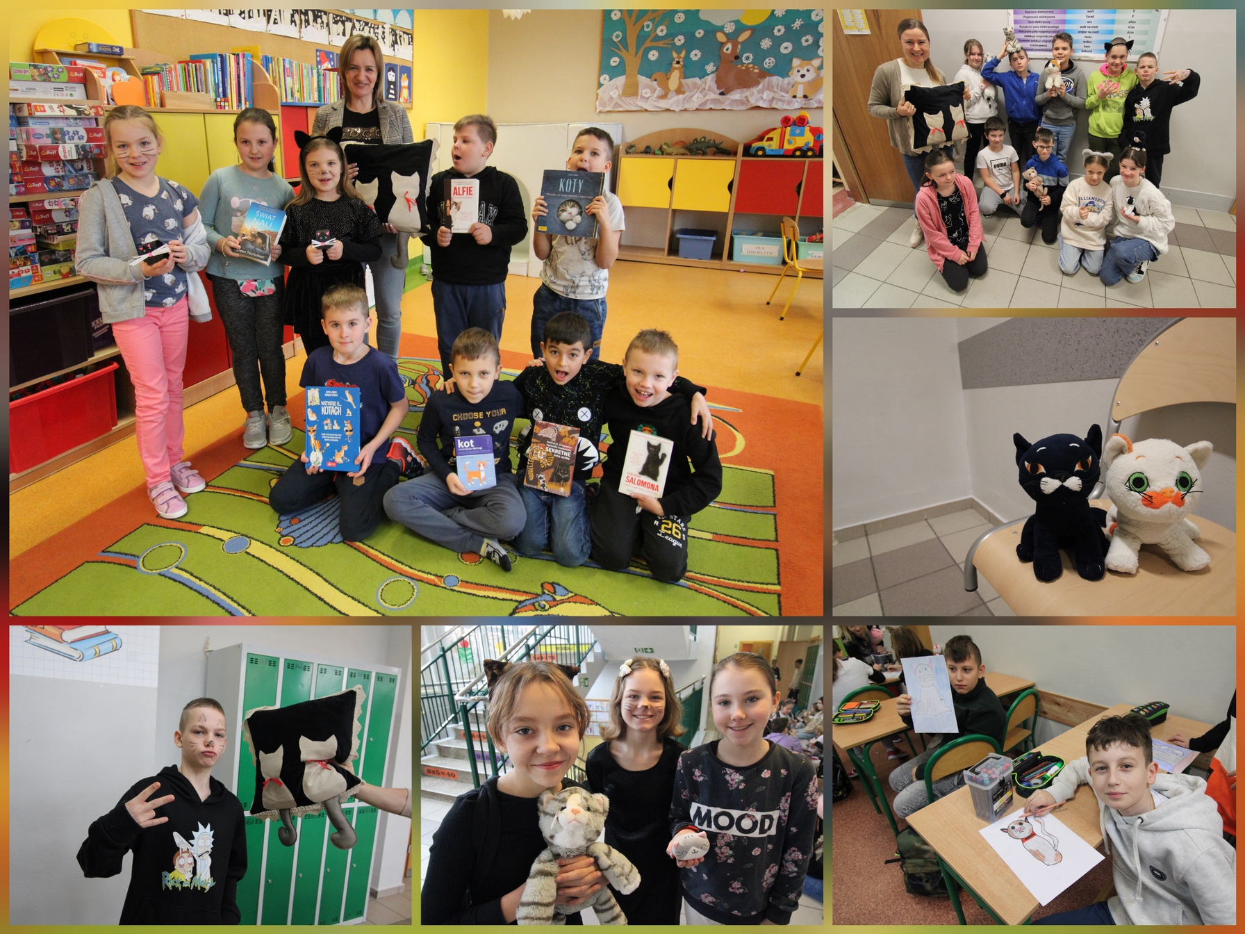 Zdjęcie przedstawia uczniów i uczennice oraz pracowniczki naszej szkoły w czasie różnych aktywności związanych z obchodami Światowego Dnia Kota.