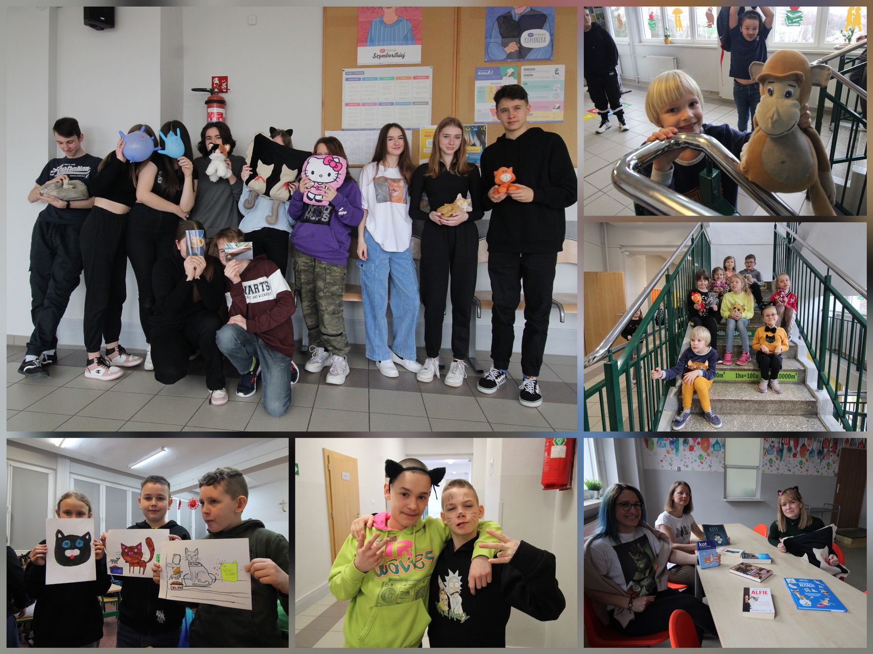 Zdjęcie przedstawia uczniów i uczennice oraz pracowniczki naszej szkoły w czasie różnych aktywności związanych z obchodami Światowego Dnia Kota.