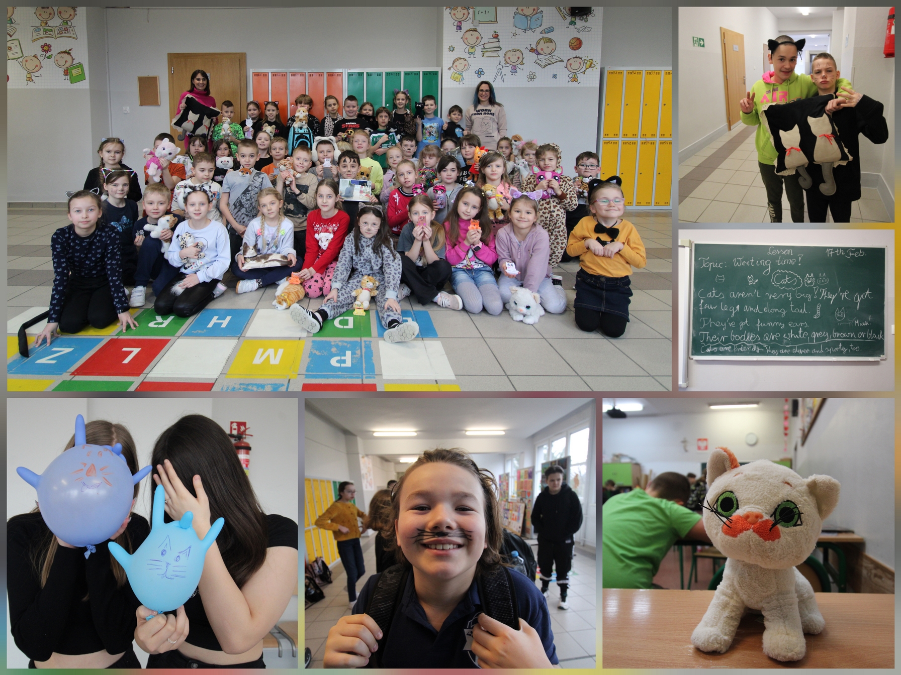 Zdjęcie przedstawia uczniów i uczennice oraz pracowniczki naszej szkoły w czasie różnych aktywności związanych z obchodami Światowego Dnia Kota.