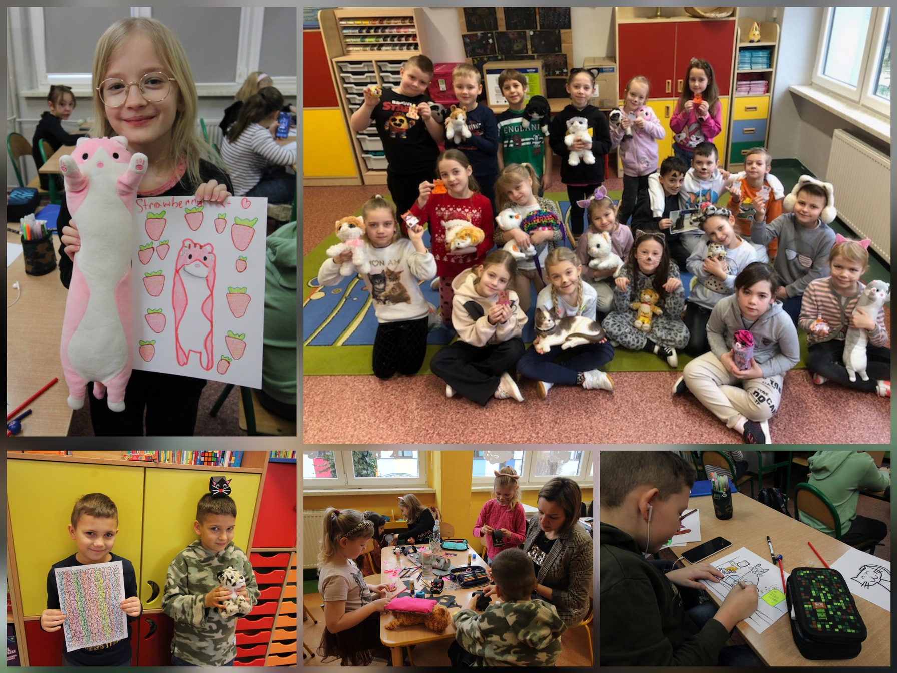 Zdjęcie przedstawia uczniów i uczennice oraz pracowniczki naszej szkoły w czasie różnych aktywności związanych z obchodami Światowego Dnia Kota.