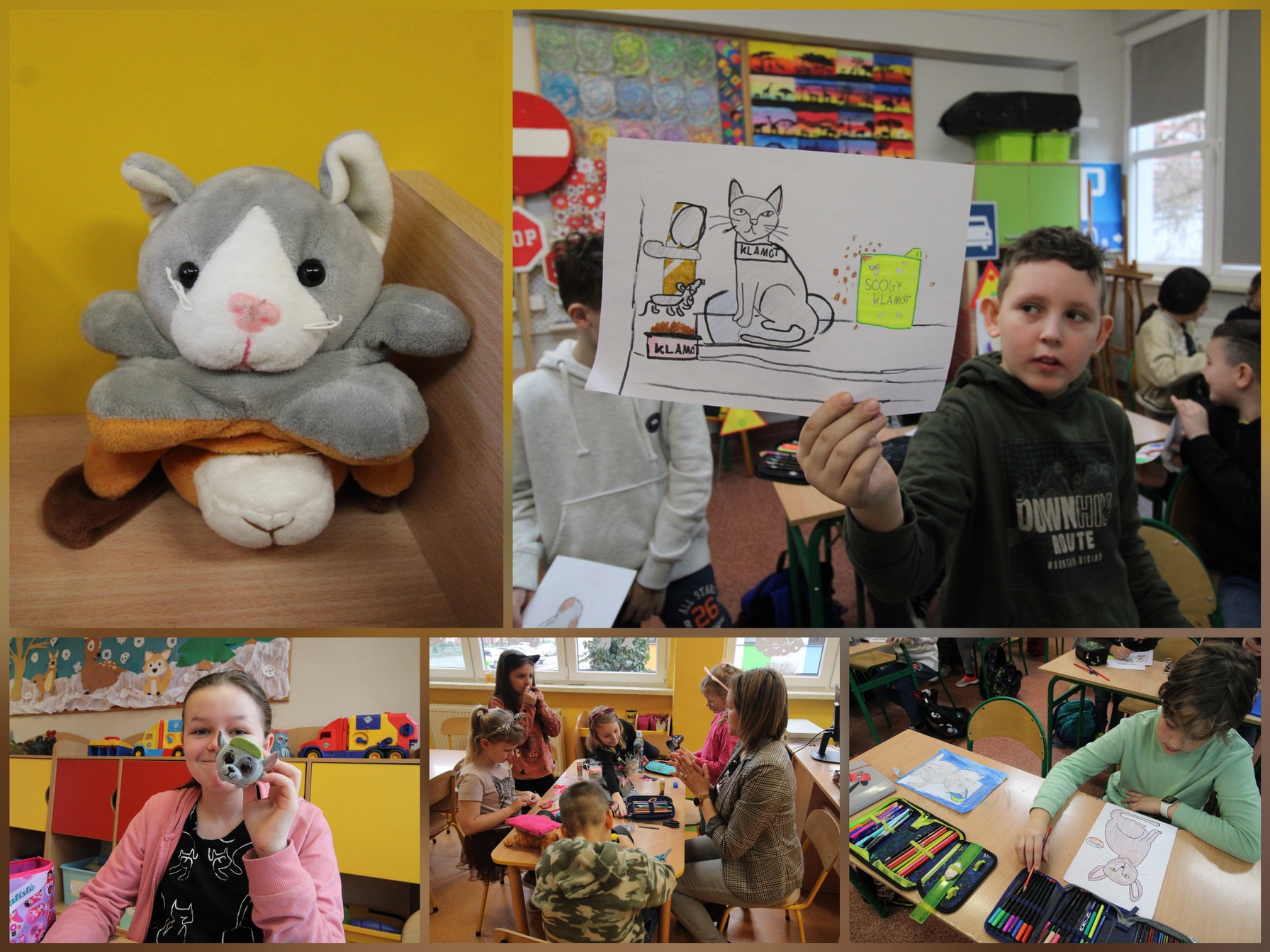 Zdjęcie przedstawia uczniów i uczennice oraz pracowniczki naszej szkoły w czasie różnych aktywności związanych z obchodami Światowego Dnia Kota.