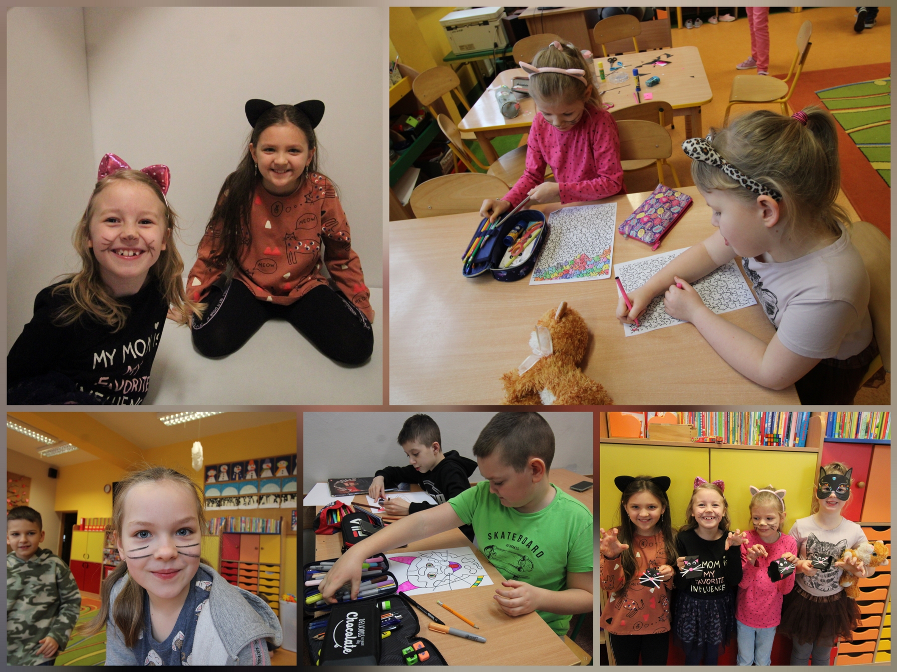 Zdjęcie przedstawia uczniów i uczennice oraz pracowniczki naszej szkoły w czasie różnych aktywności związanych z obchodami Światowego Dnia Kota.