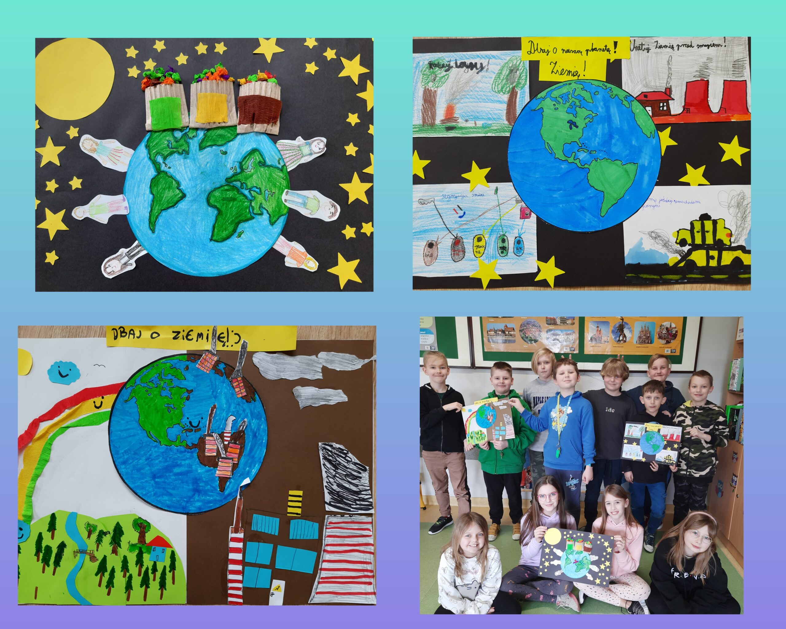 Zdjęcia przedstawiają prace plastyczne uczniów klasy III a na temat ,,Ratujmy naszą planetę!"