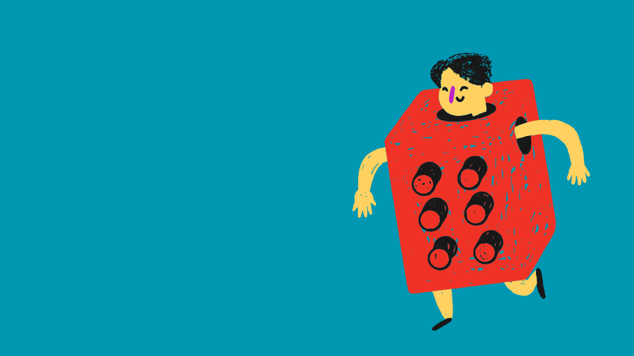 Grafika: człowiek w stroju klocka.