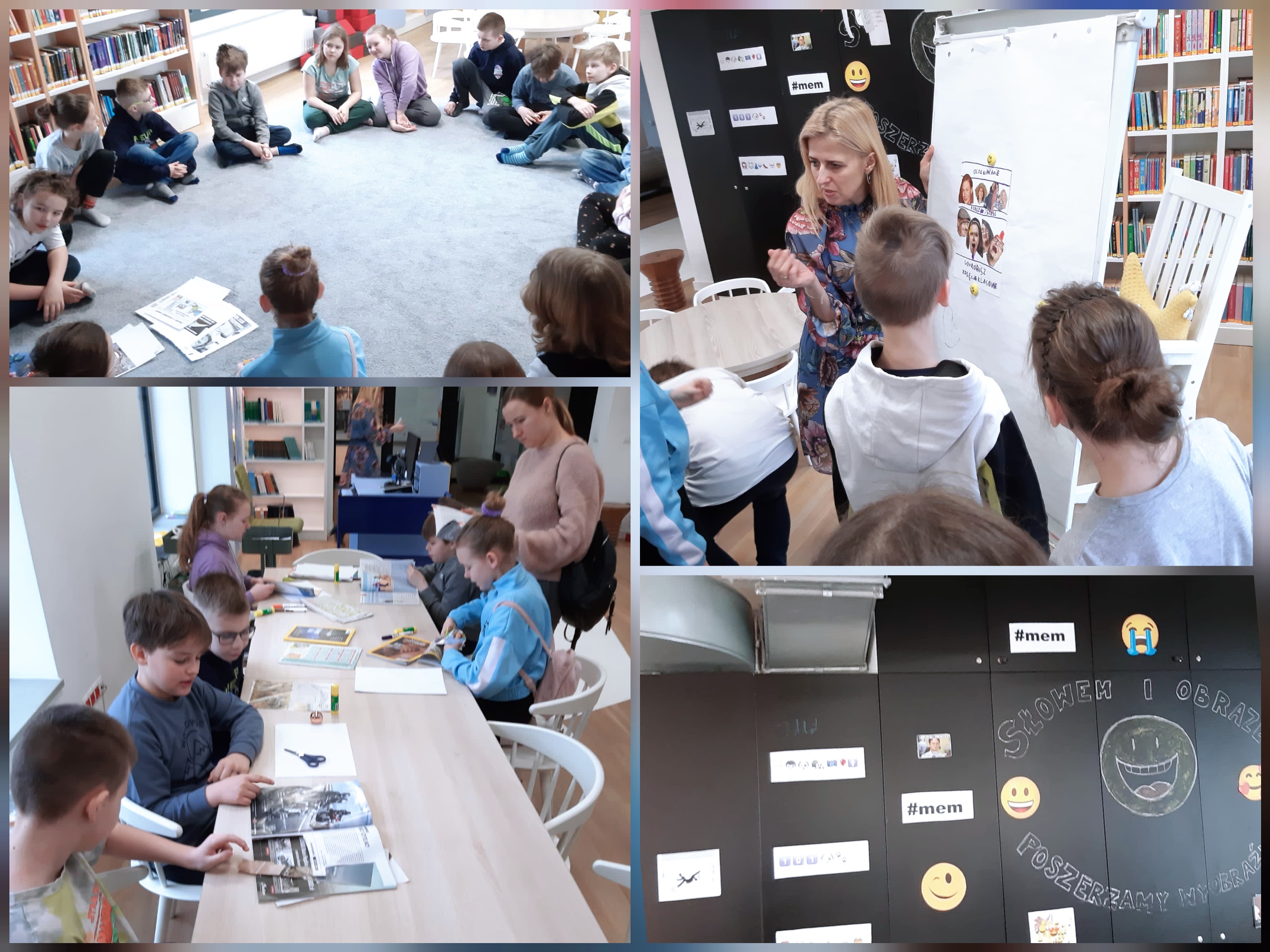 Uczniowie i uczennice w czasie zajęć w Miejskiej Bibliotece Publicznej w Żorach.