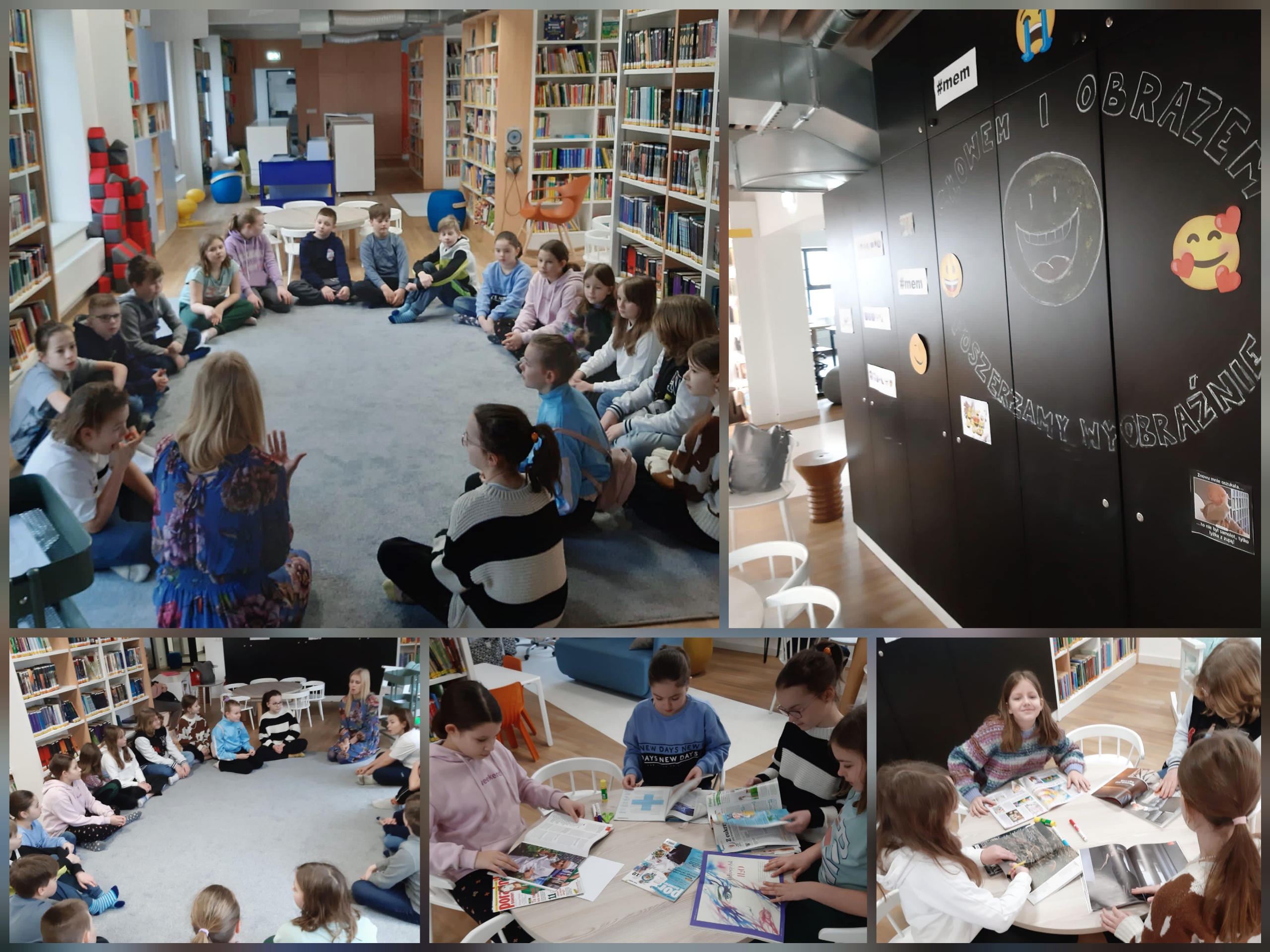 Uczniowie i uczennice w czasie zajęć w Miejskiej Bibliotece Publicznej w Żorach.