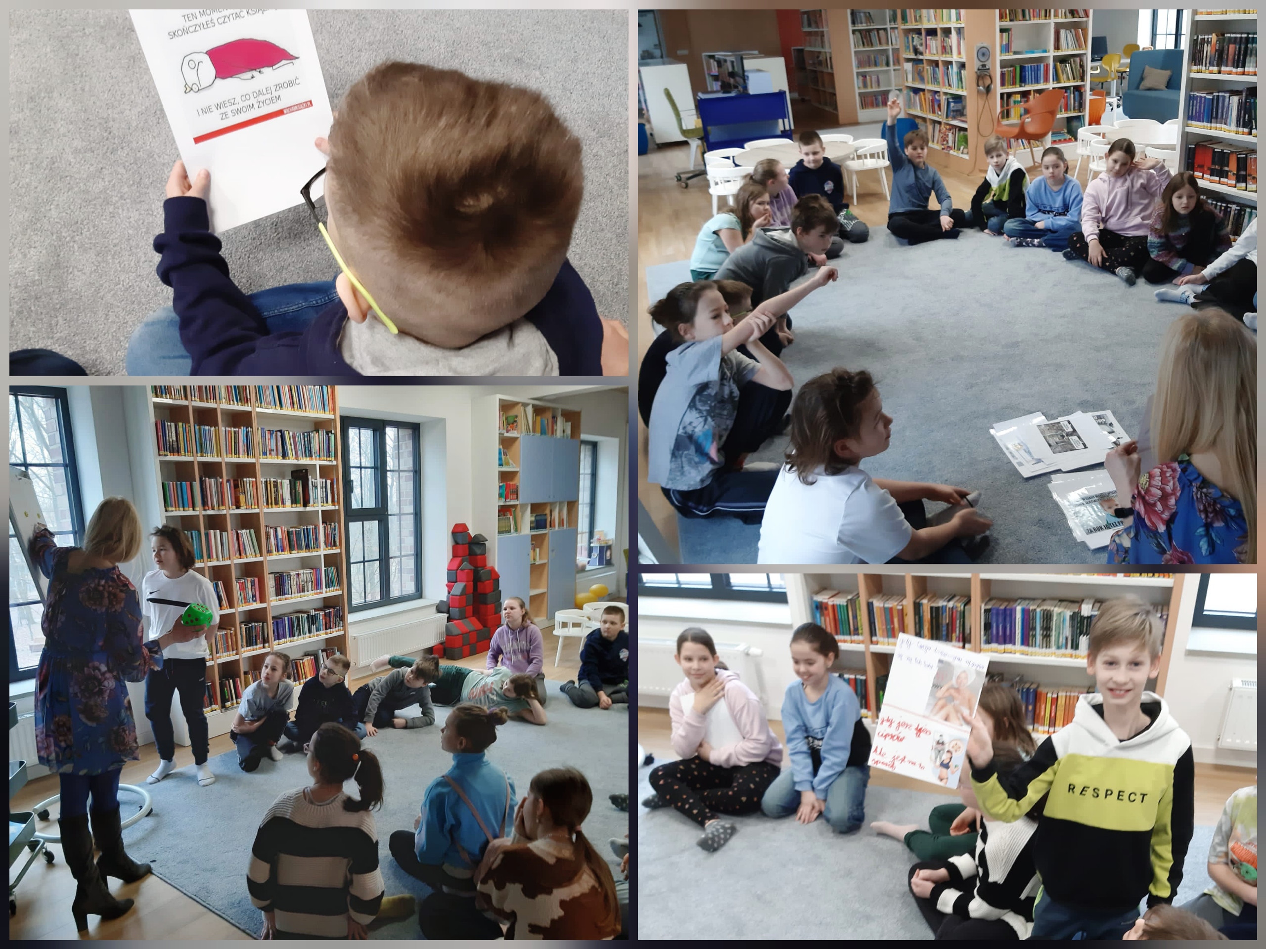 Uczniowie i uczennice w czasie zajęć w Miejskiej Bibliotece Publicznej w Żorach.