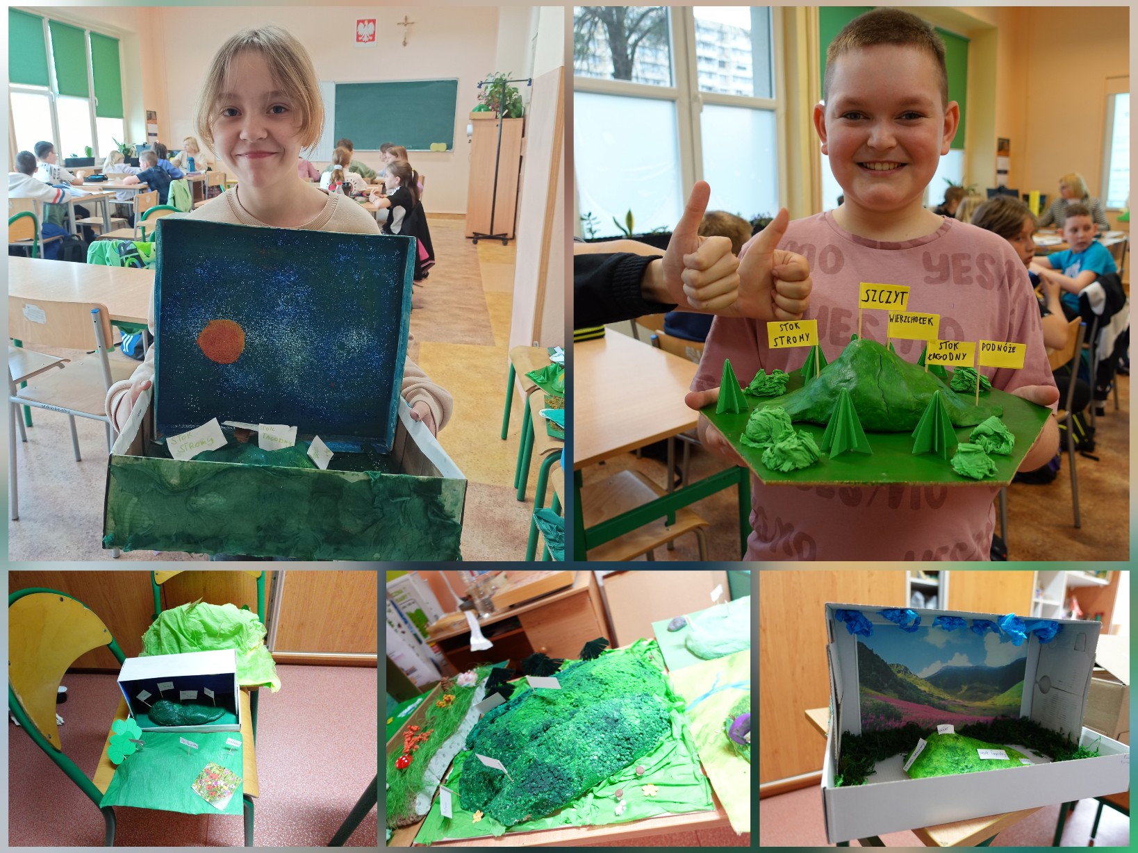 Uczennice i uczniowie przedstawiający swoje modele pagórków.