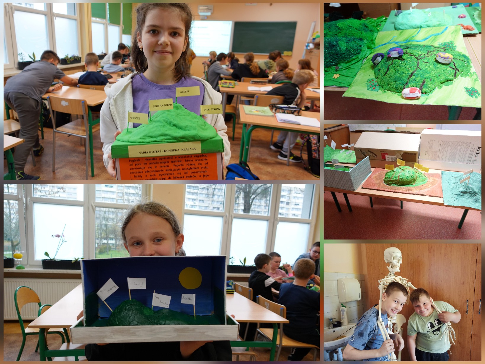 Uczennice i uczniowie przedstawiający swoje modele pagórków.