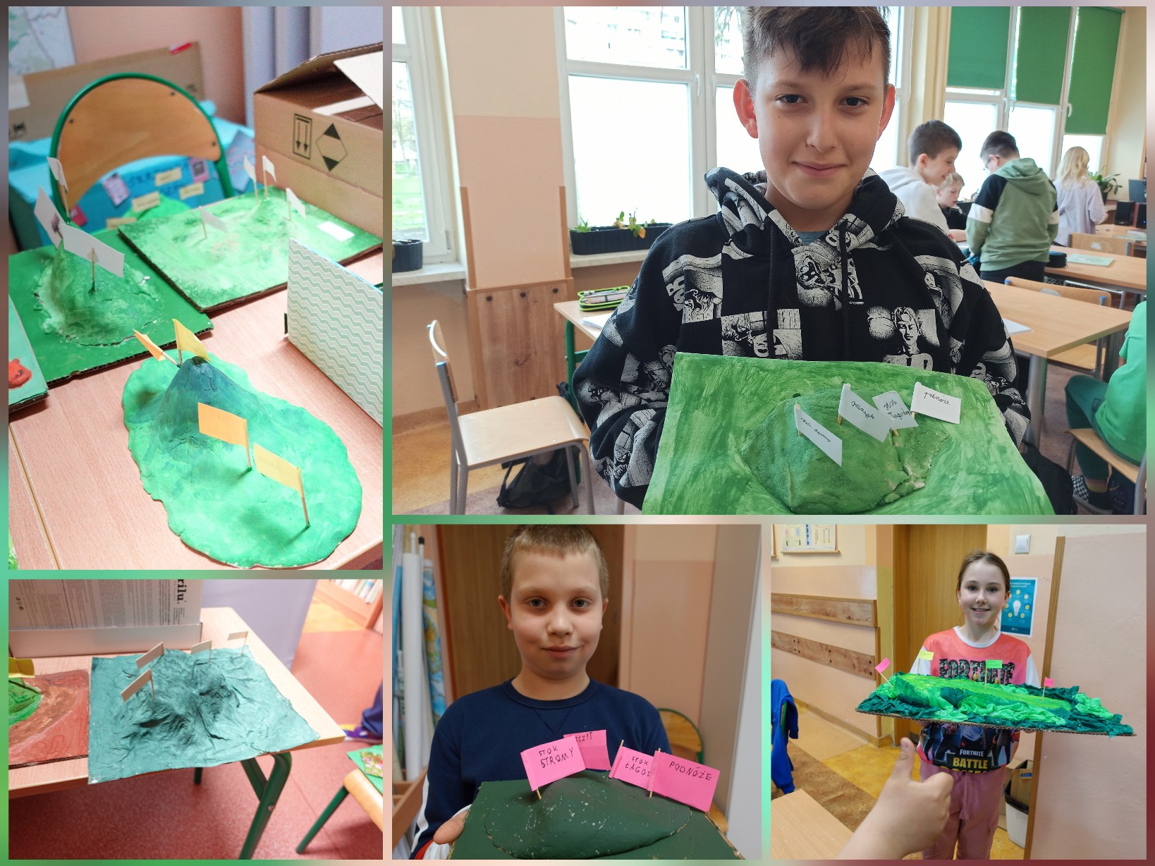 Uczennice i uczniowie przedstawiający swoje modele pagórków.