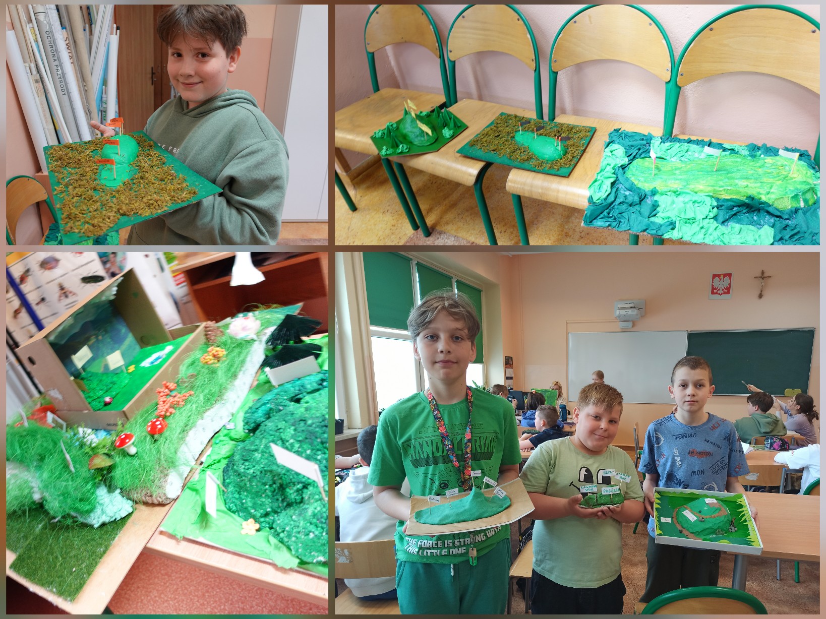 Uczennice i uczniowie przedstawiający swoje modele pagórków.