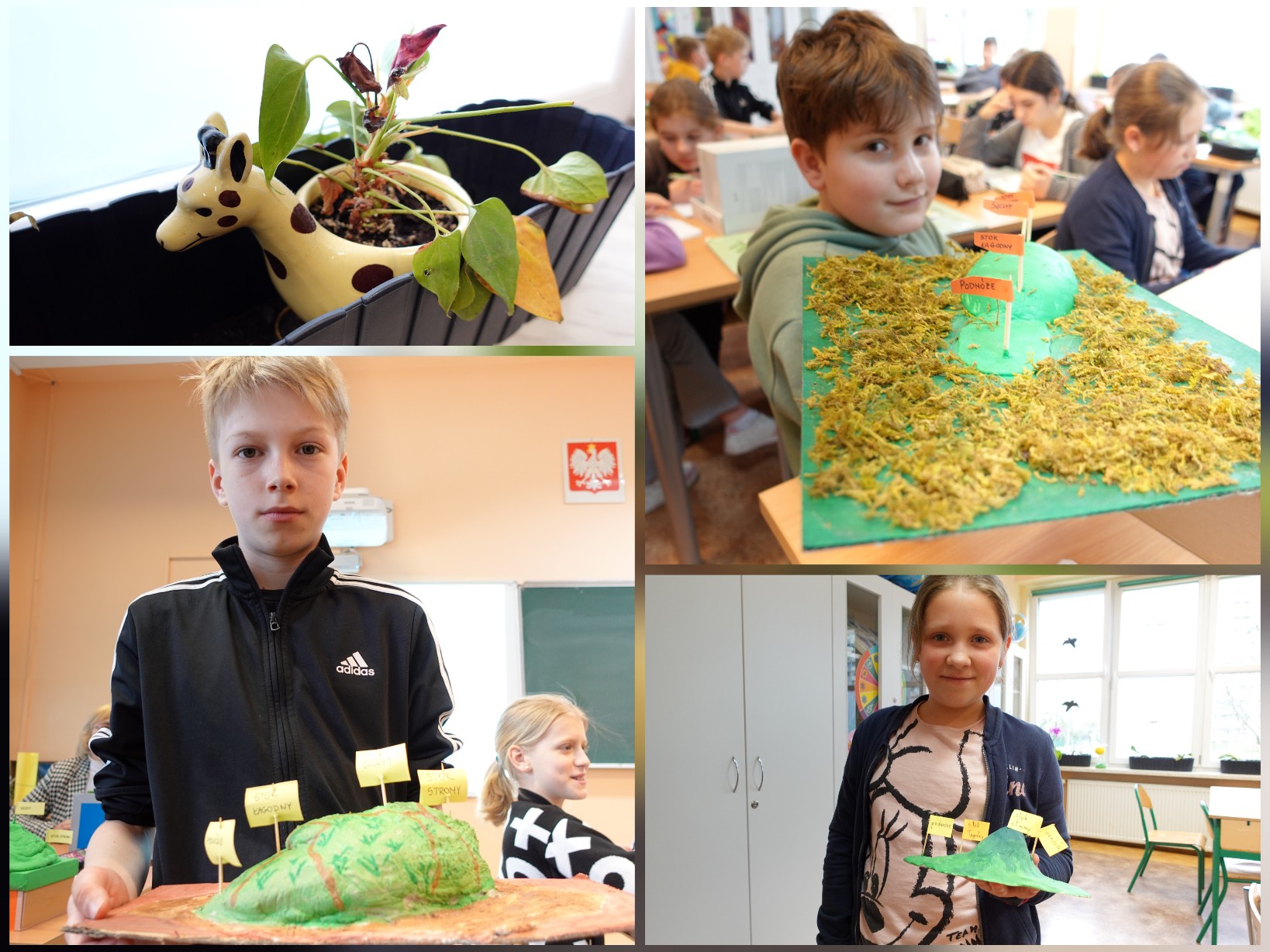 Uczennice i uczniowie przedstawiający swoje modele pagórków.