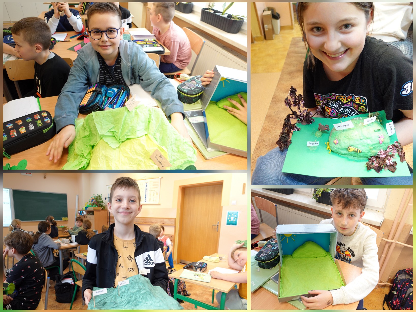 Uczennice i uczniowie przedstawiający swoje modele pagórków.