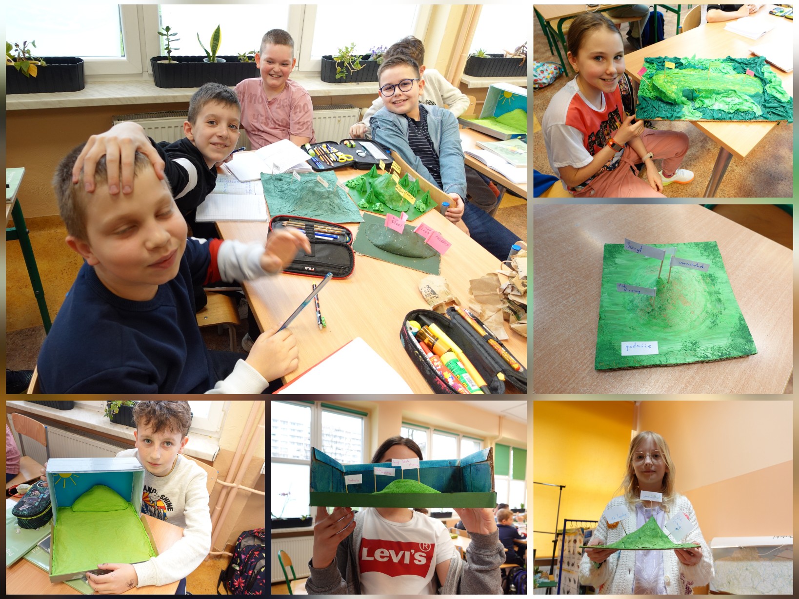 Uczennice i uczniowie przedstawiający swoje modele pagórków.