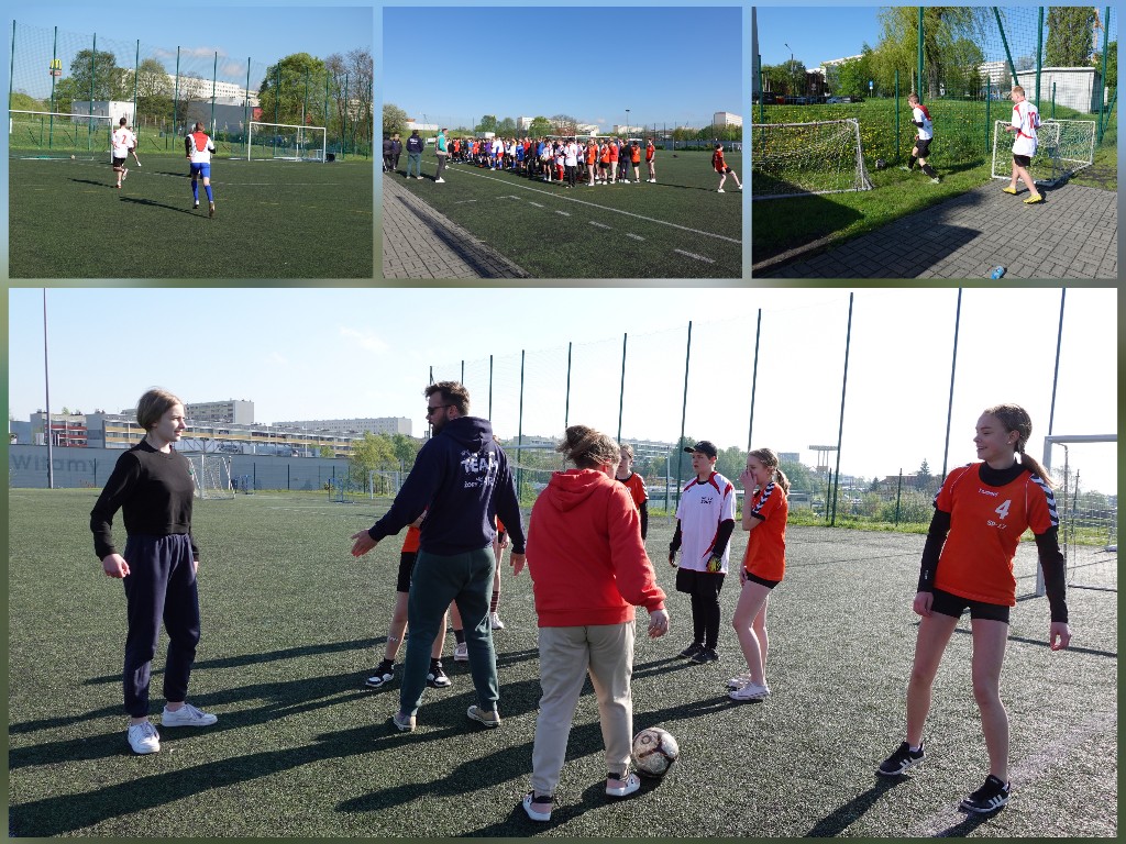 Uczniowie i uczennice w czasie zawodów piłkarskich.