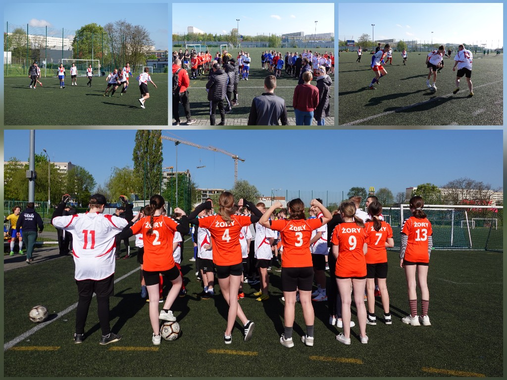 Uczniowie i uczennice w czasie zawodów piłkarskich.