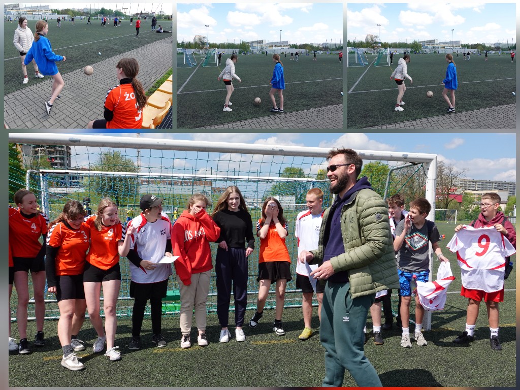 Uczniowie i uczennice w czasie zawodów piłkarskich.