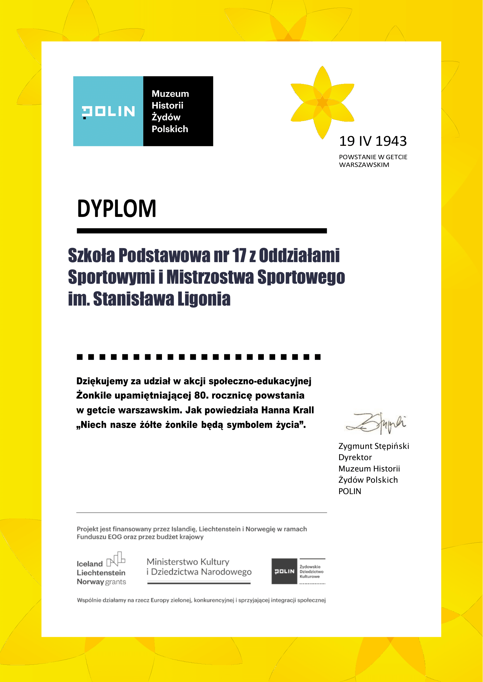 Akcja Żonkile dyplom dla szkoły