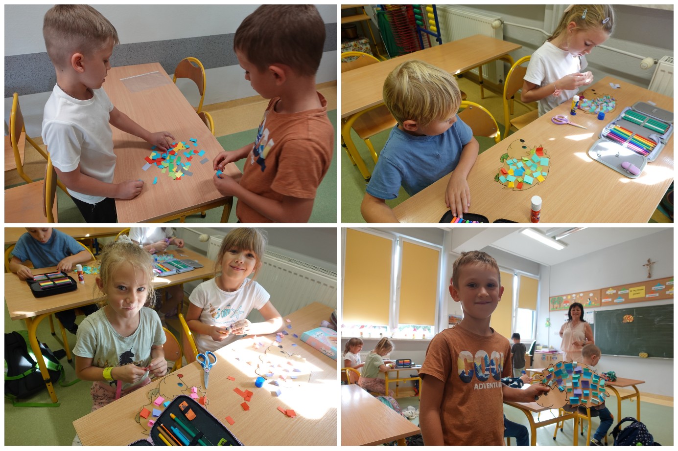 Uczennice i uczniowie w czasie zajęć plastycznych.