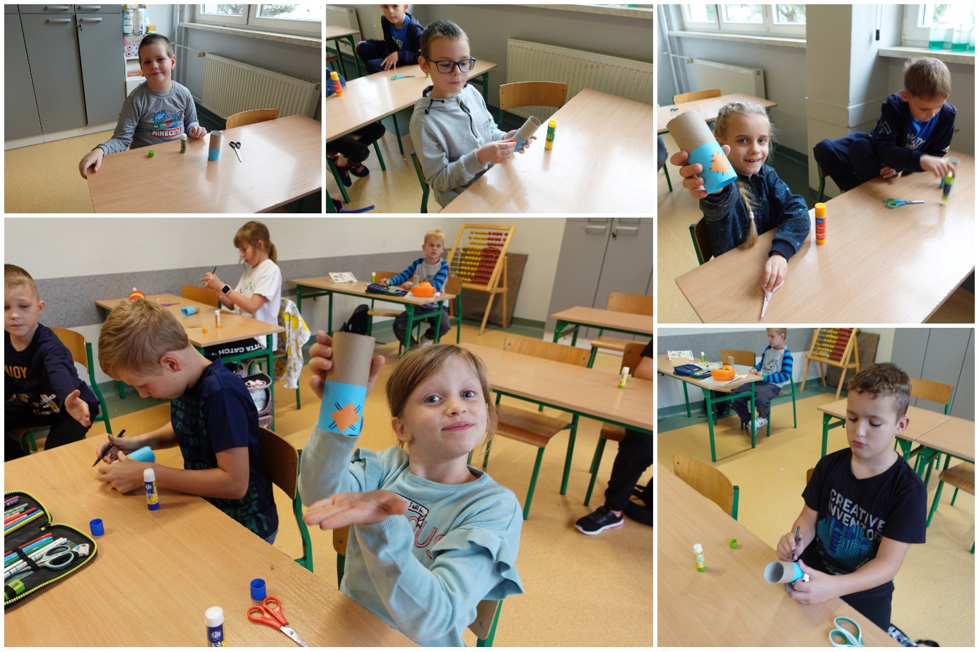 Uczniowie i uczennice w czasie zajęć plastycznych.