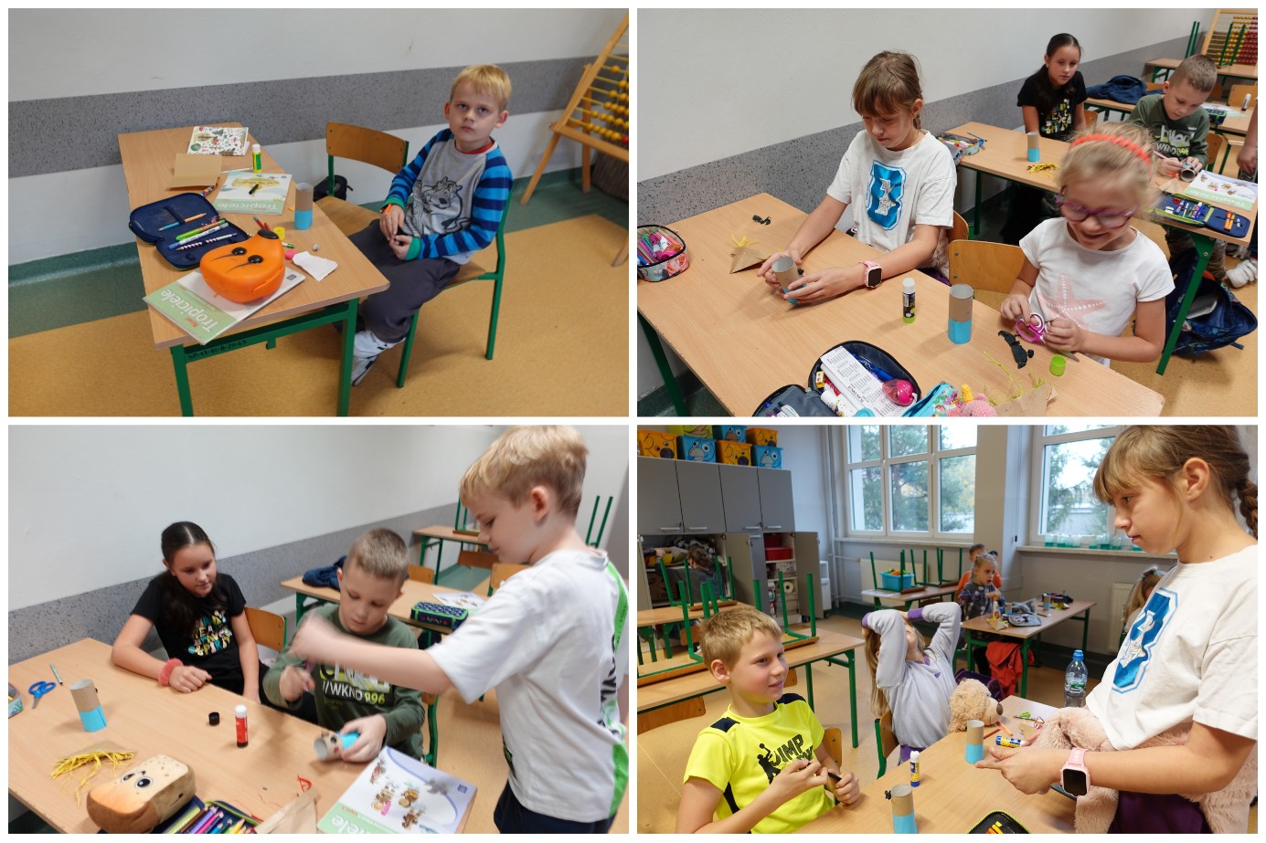 Uczniowie i uczennice w czasie zajęć plastycznych.