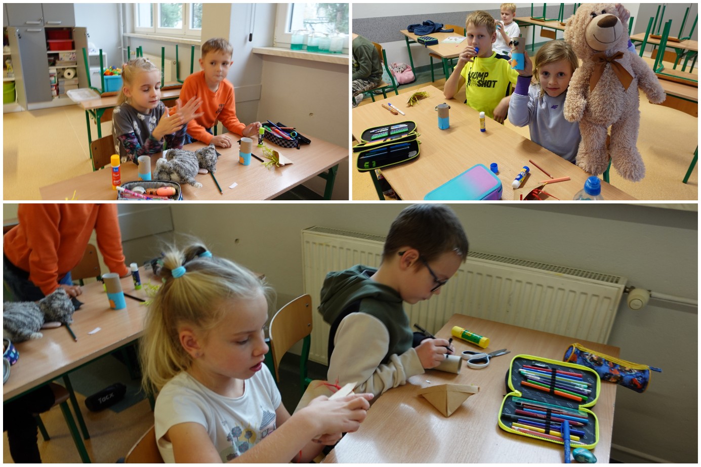 Uczniowie i uczennice w czasie zajęć plastycznych.