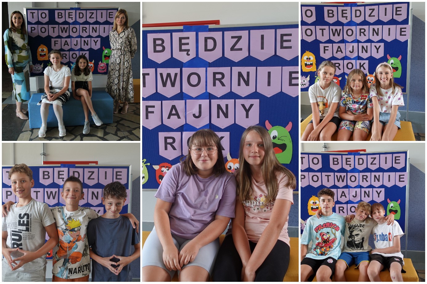  Uczniowie i uczennice szkoły pozujący do zdjęć na ściance z potworami.