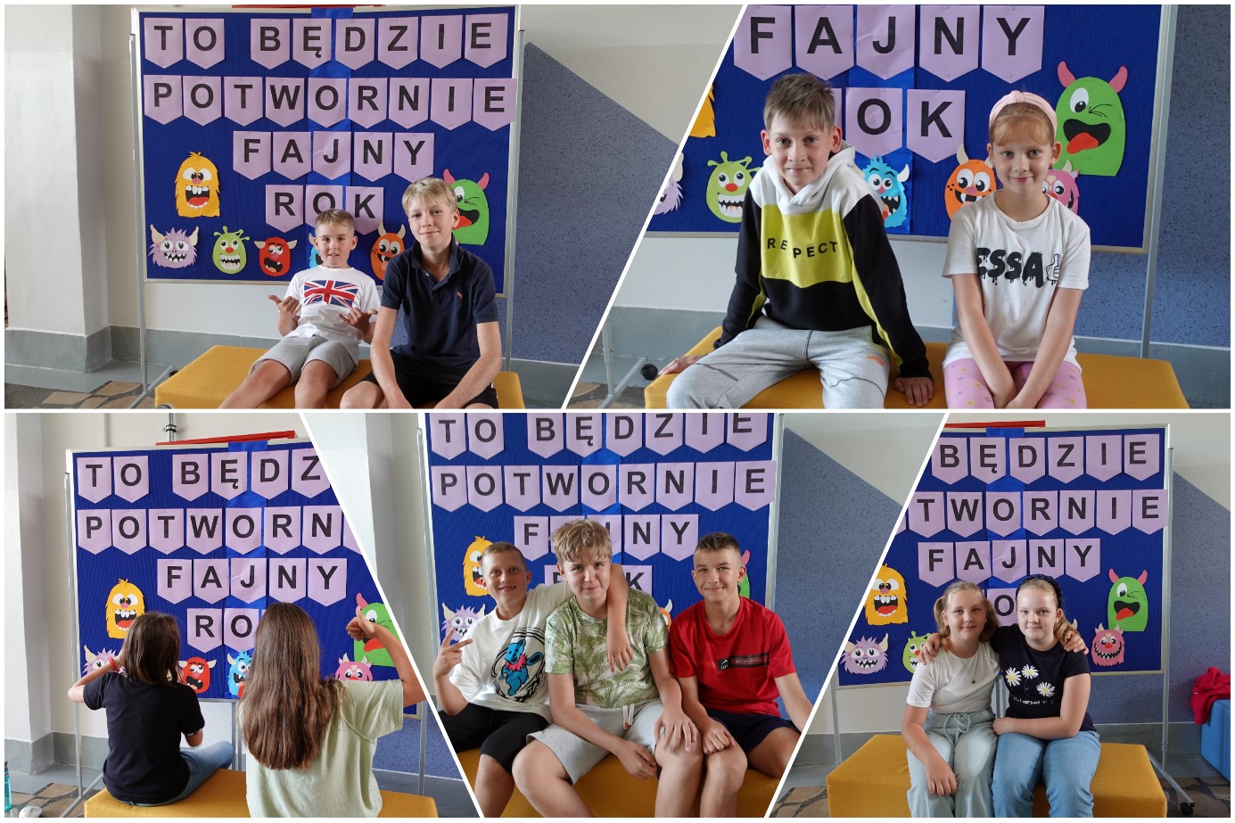  Uczniowie i uczennice szkoły pozujący do zdjęć na ściance z potworami.
