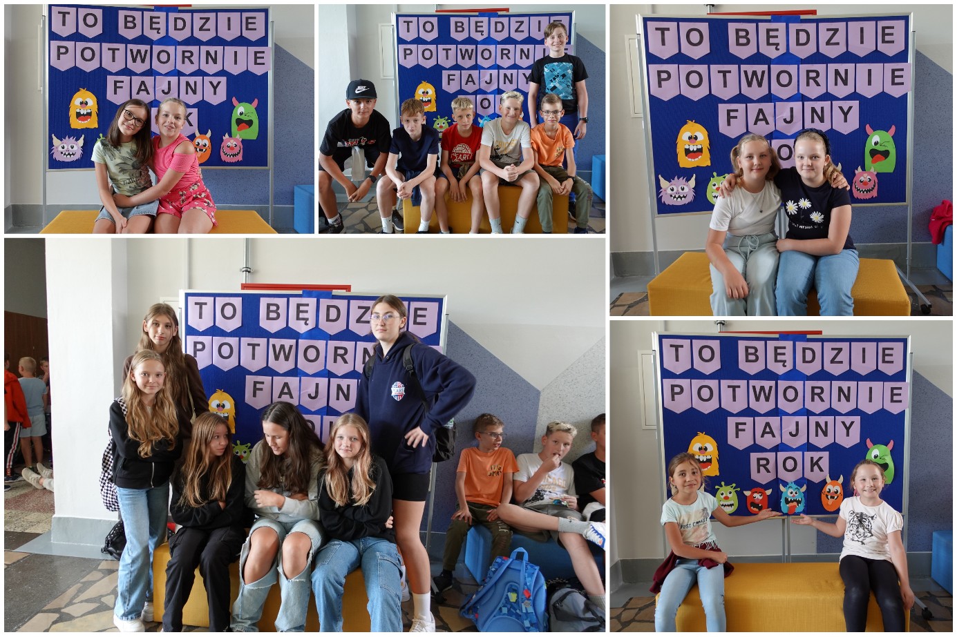  Uczniowie i uczennice szkoły pozujący do zdjęć na ściance z potworami.