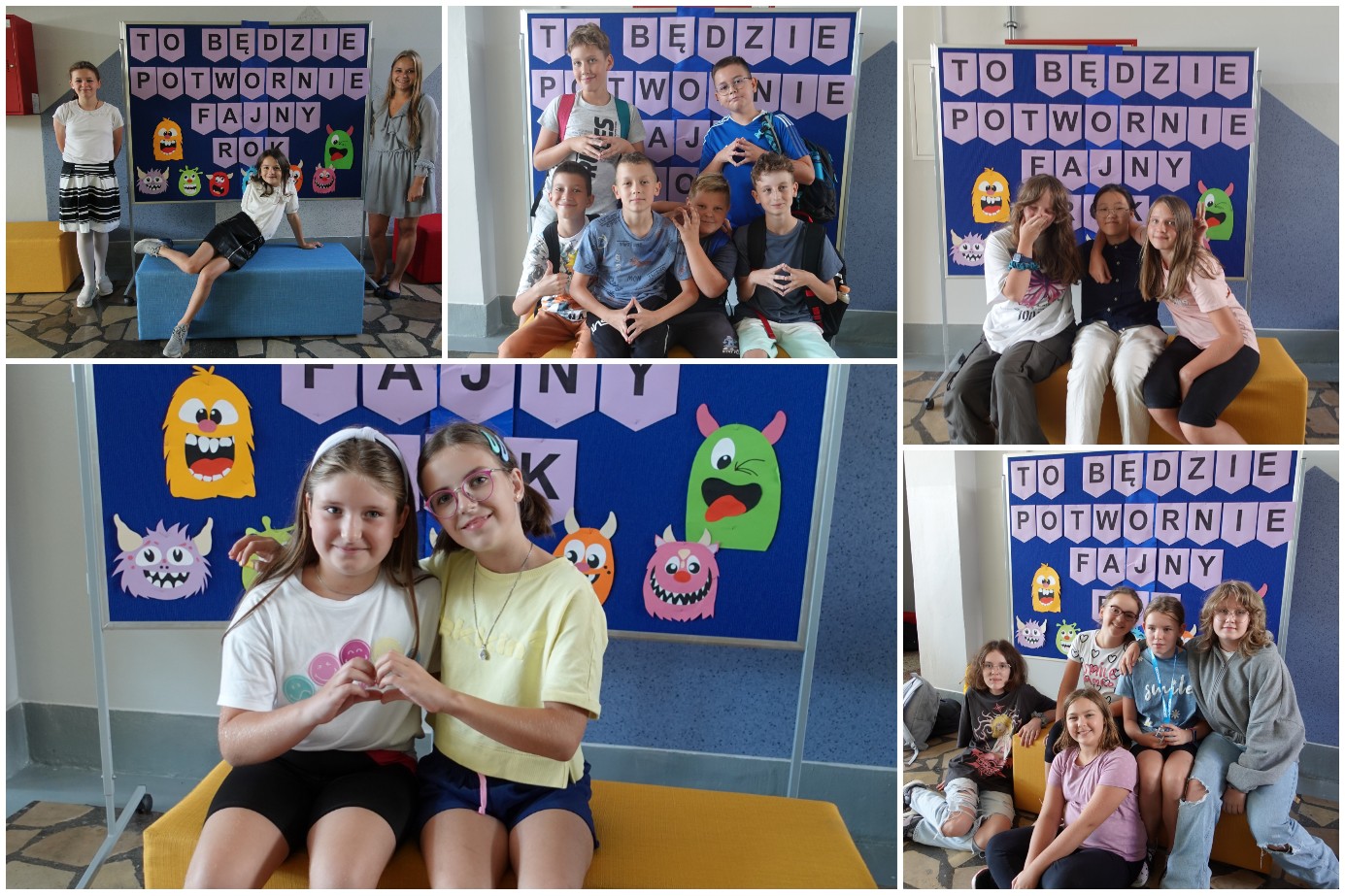  Uczniowie i uczennice szkoły pozujący do zdjęć na ściance z potworami.