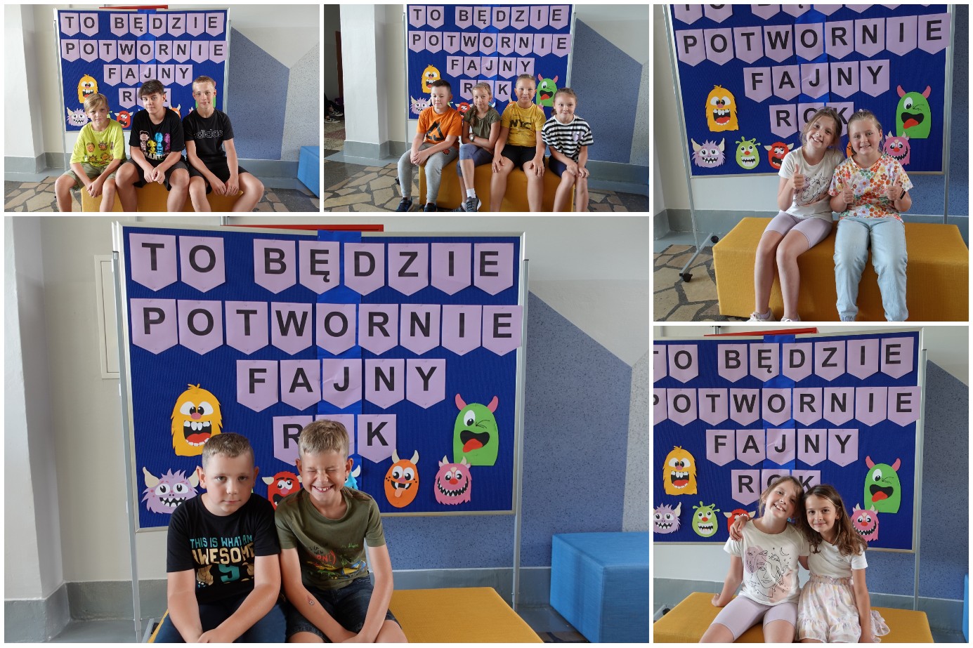  Uczniowie i uczennice szkoły pozujący do zdjęć na ściance z potworami.