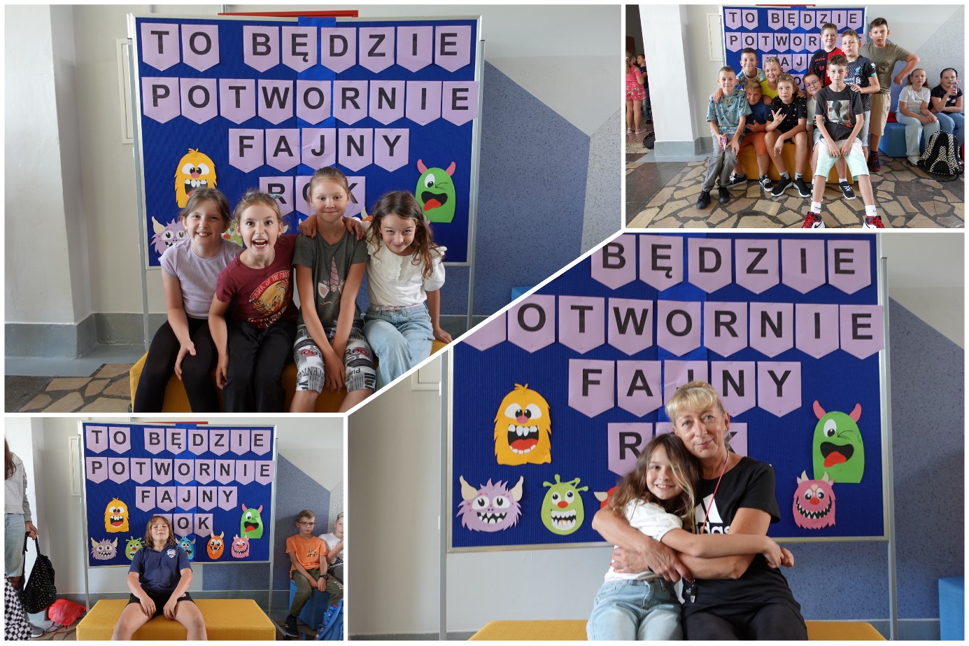  Uczniowie i uczennice szkoły pozujący do zdjęć na ściance z potworami.