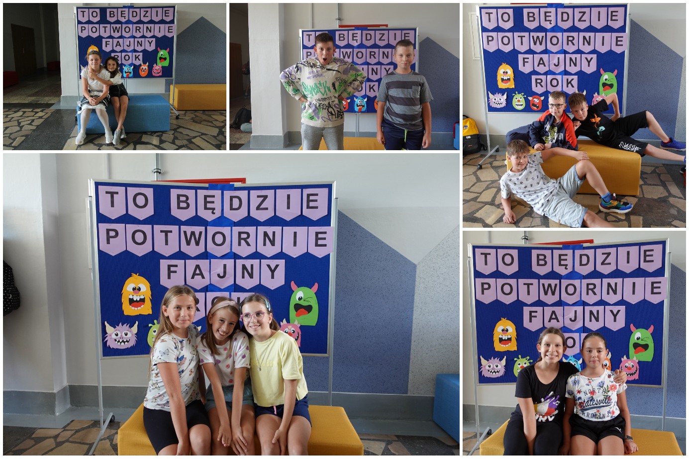  Uczniowie i uczennice szkoły pozujący do zdjęć na ściance z potworami.