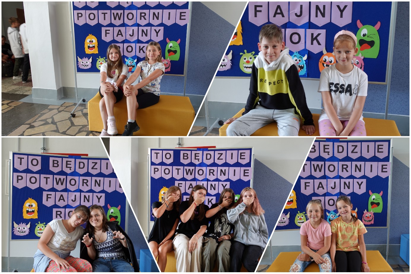  Uczniowie i uczennice szkoły pozujący do zdjęć na ściance z potworami.
