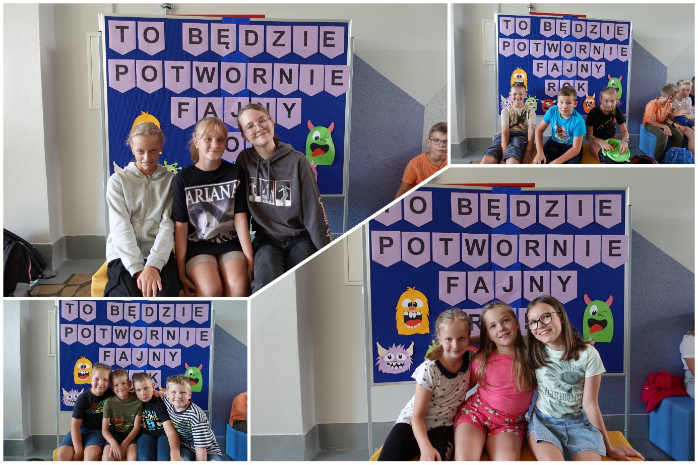  Uczniowie i uczennice szkoły pozujący do zdjęć na ściance z potworami.
