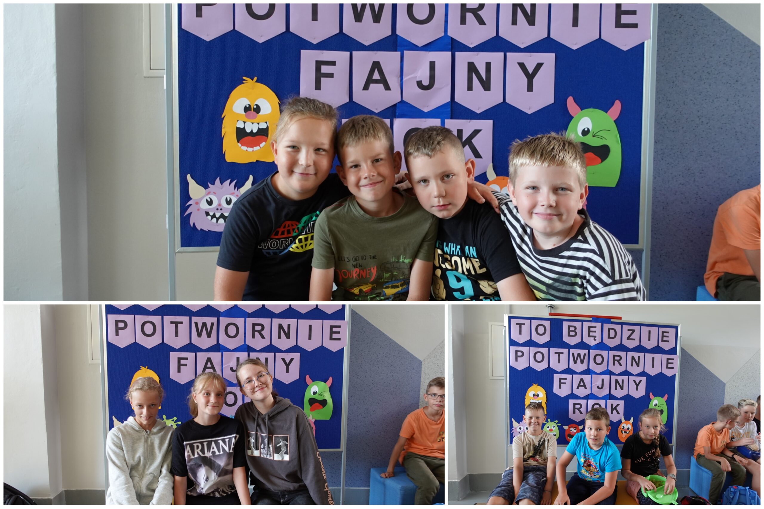  Uczniowie i uczennice szkoły pozujący do zdjęć na ściance z potworami.