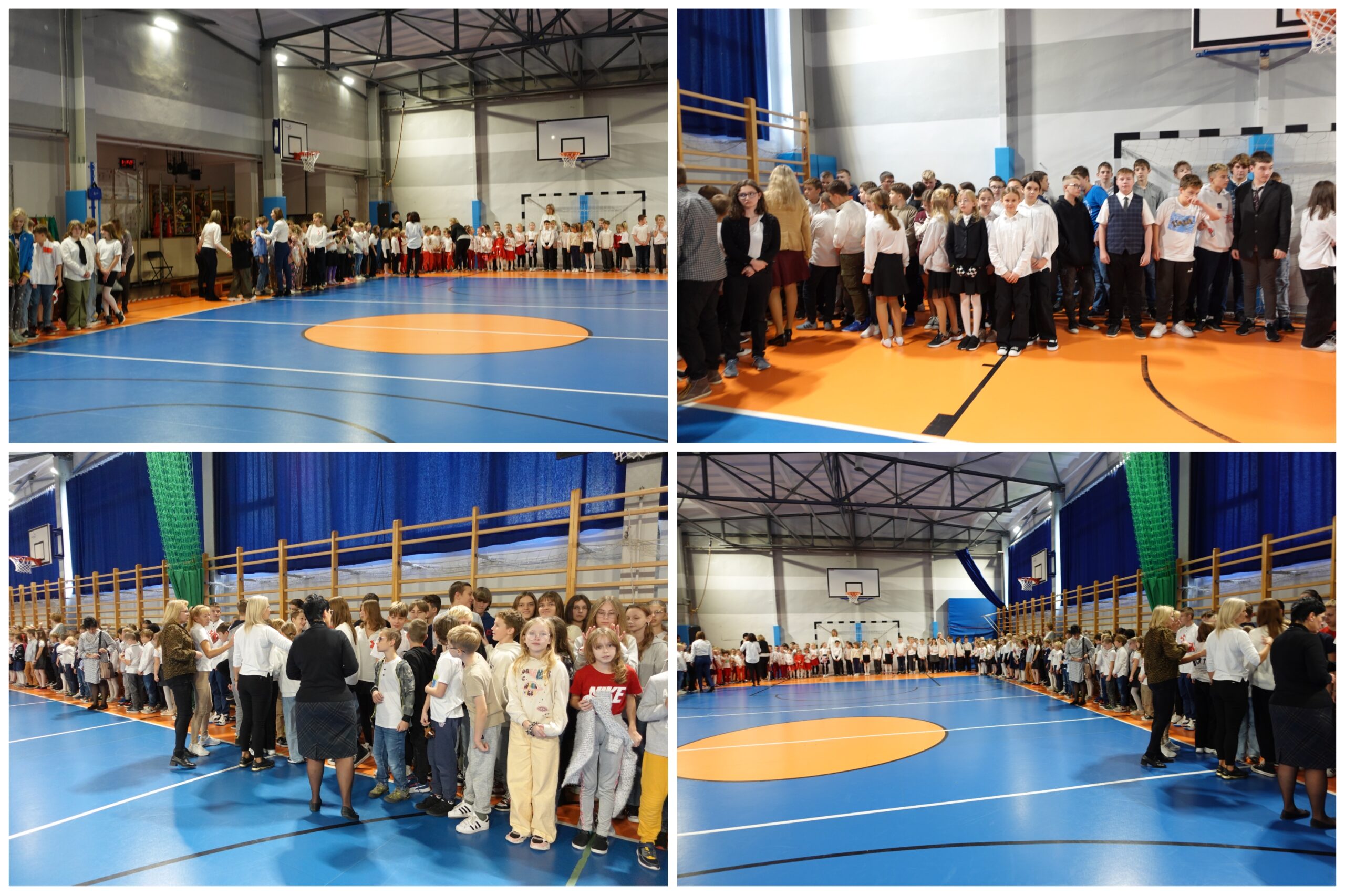 Społeczność naszej szkoły w trakcie wykonywania hymnu.