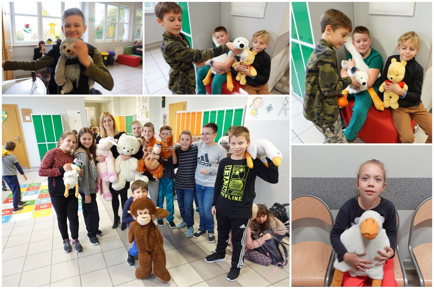 Społeczność SP17 w trakcie świętowania Dnia Miłośników Pluszaków.