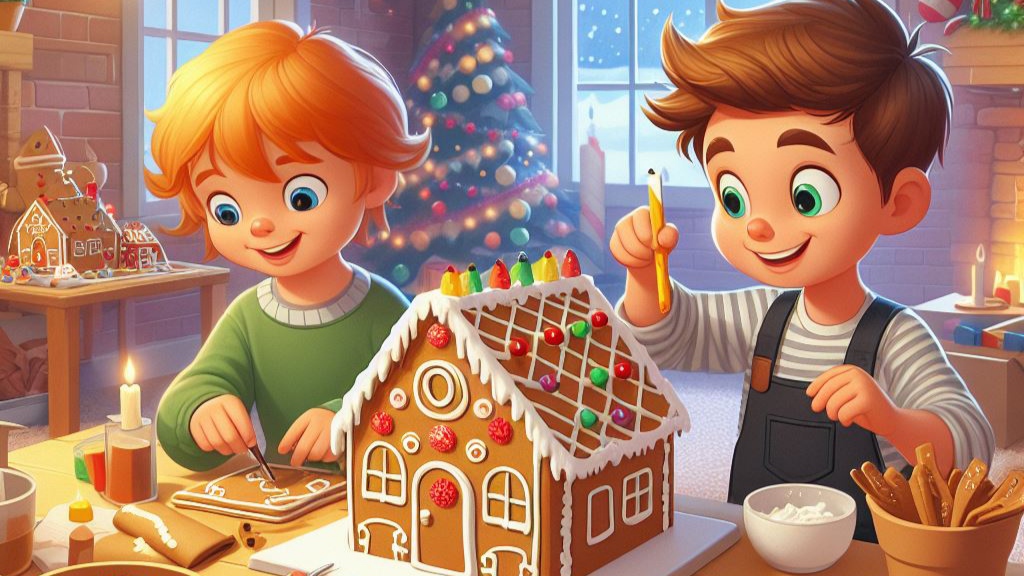 Grafika przedstawiające domek z piernika, dzieci i choinkę w tle