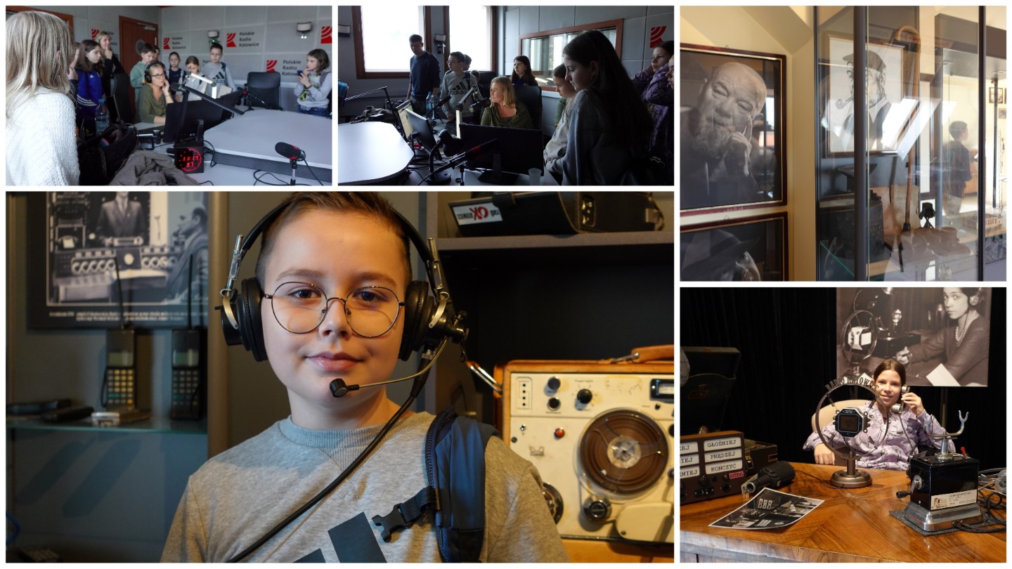 Uczniowie i uczennice w czasie wycieczki do Polskiego Radia Katowice.