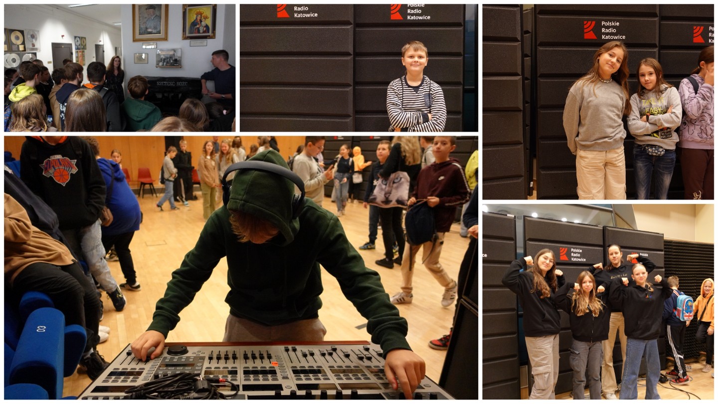 Uczniowie i uczennice w czasie wycieczki do Polskiego Radia Katowice.