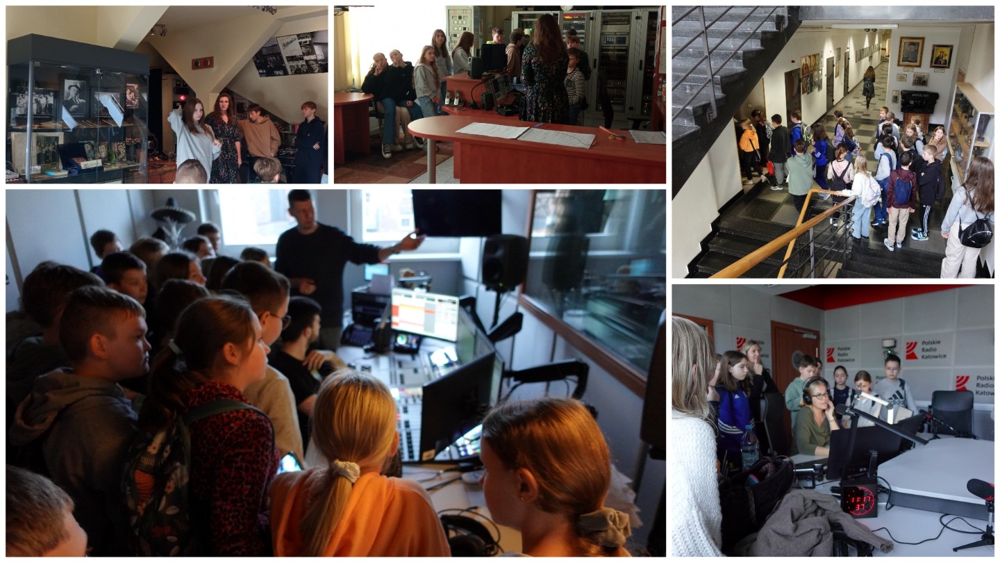 Uczniowie i uczennice w czasie wycieczki do Polskiego Radia Katowice.