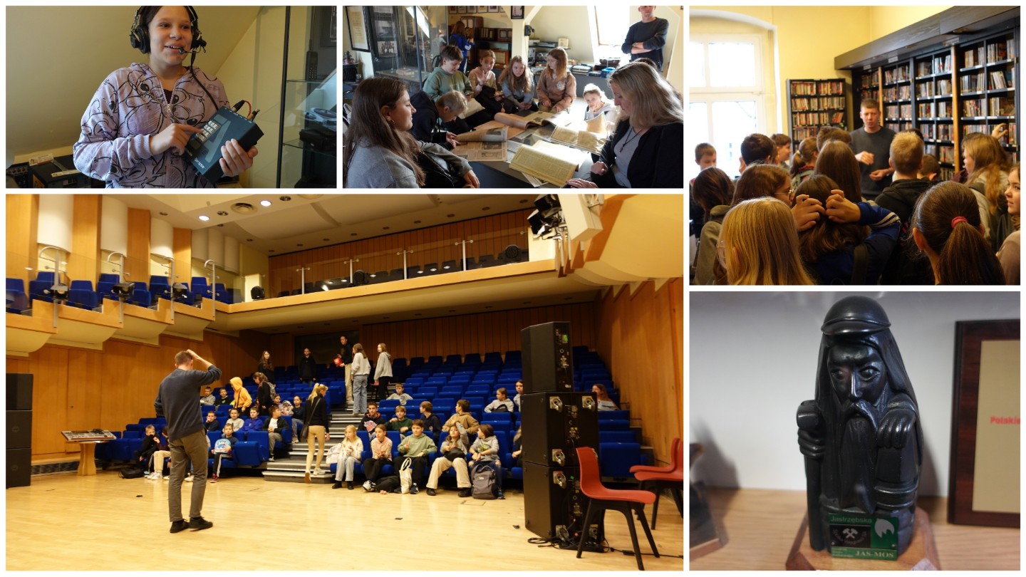 Uczniowie i uczennice w czasie wycieczki do Polskiego Radia Katowice.