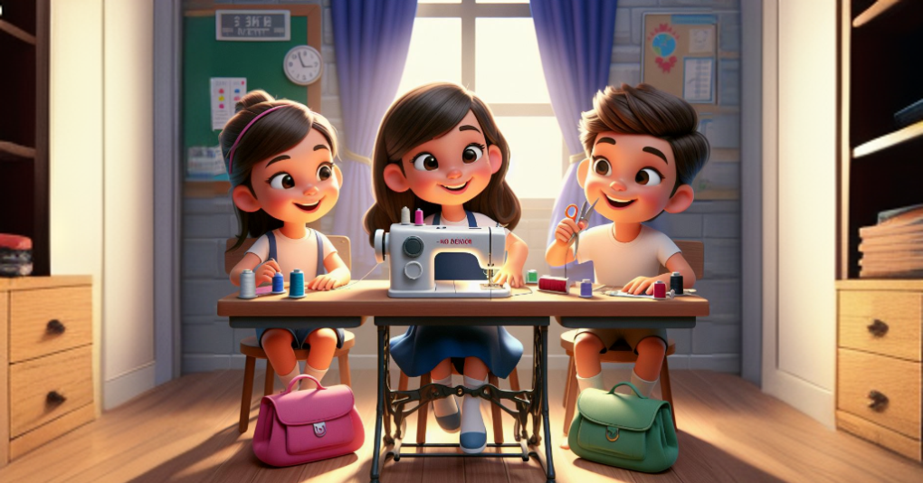 Grafika- dzieci szyją na maszynie