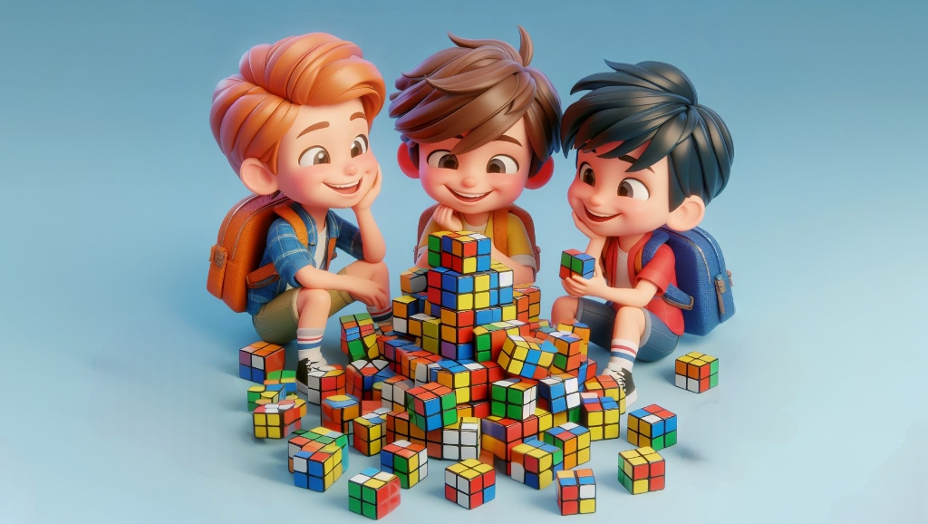 Grafika przedstawia dzieci układające kostkę Rubika