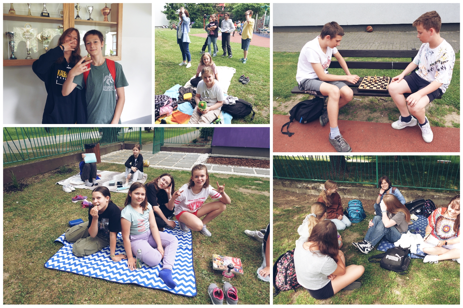 Społeczność SP17 w trakcie śniadania na trawie.