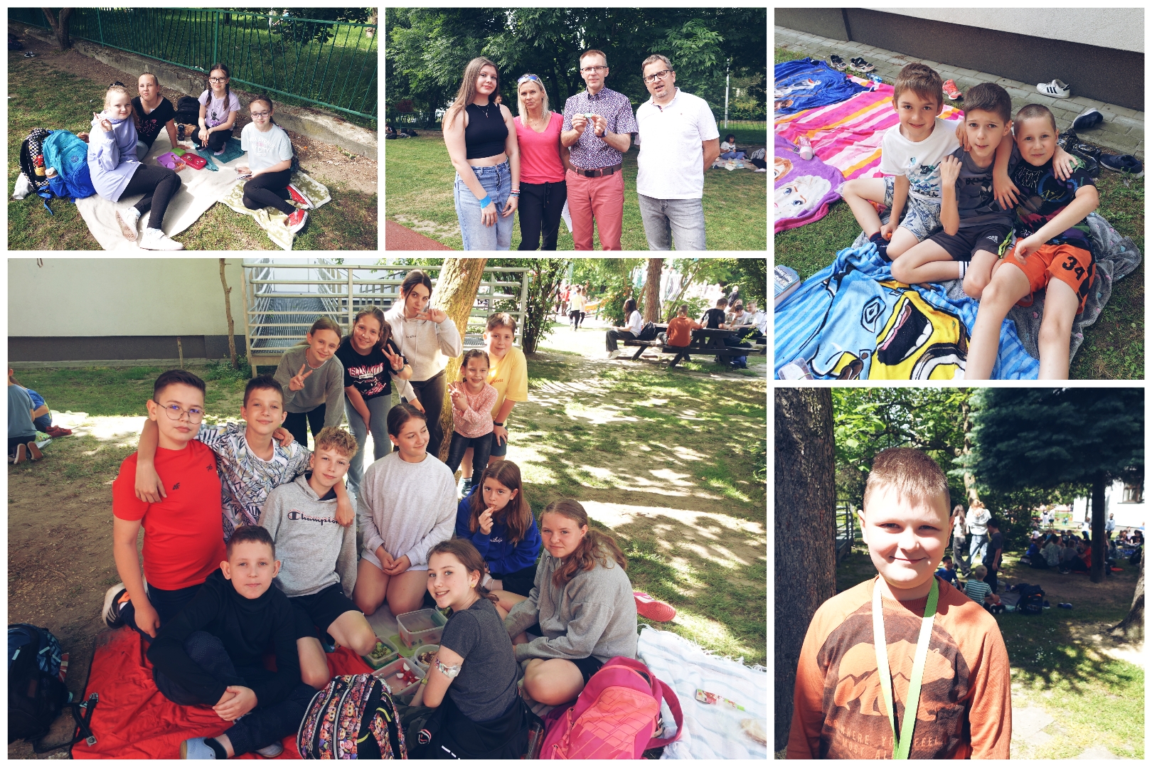 Społeczność SP17 w trakcie śniadania na trawie.